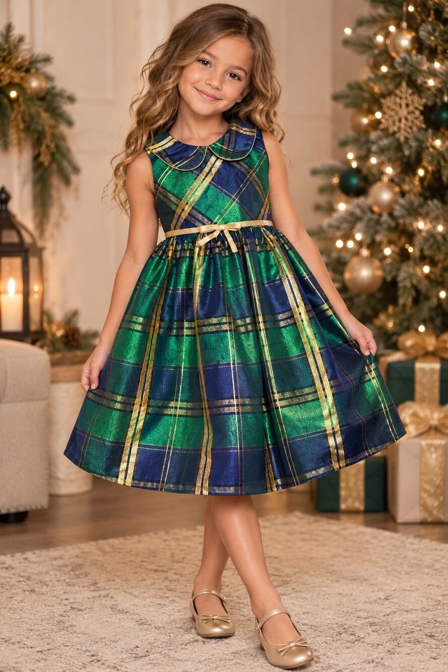 Bonnie Jean Girls Size 6 Green Navy Metallic Gold Plaid Holiday Christmas Dress